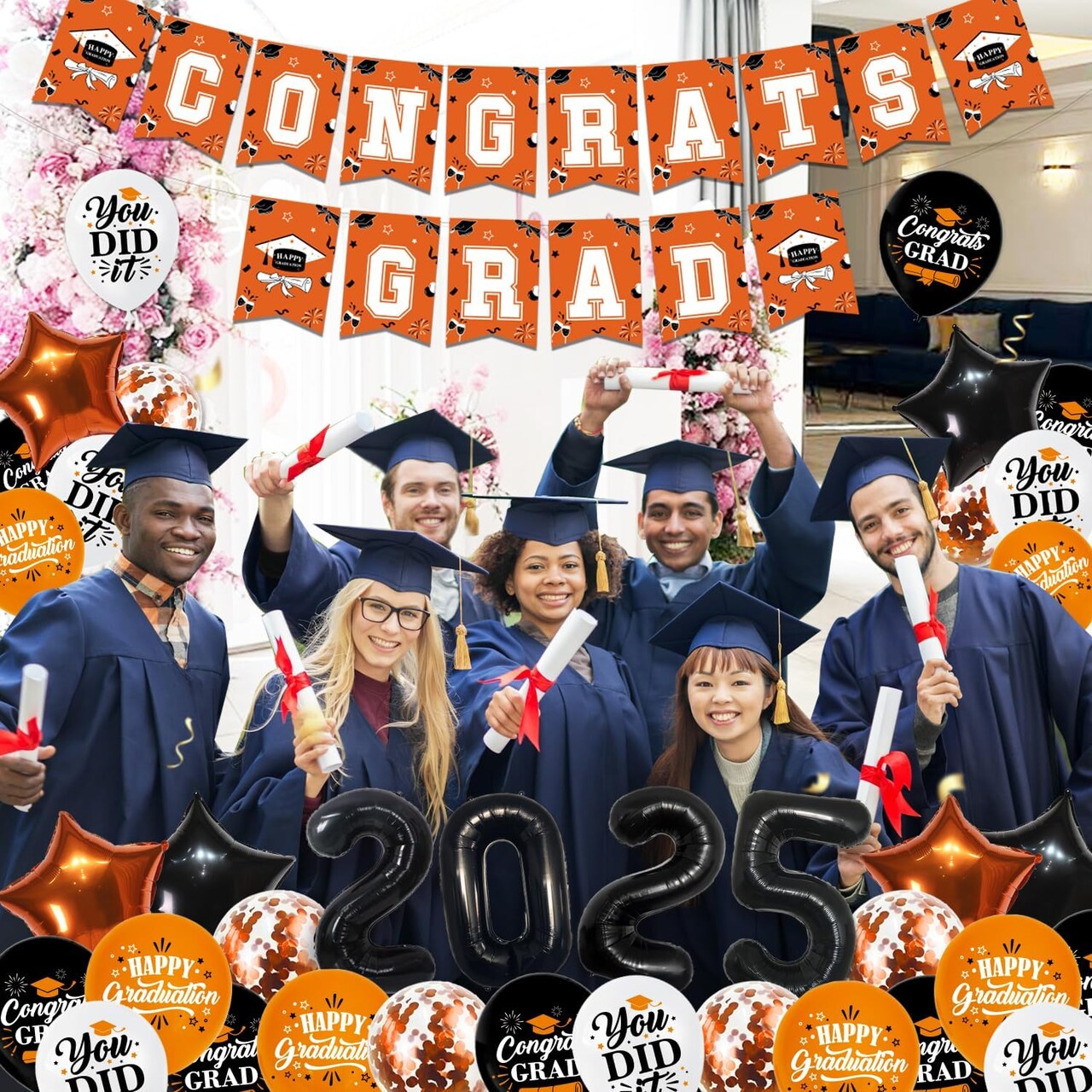 Graduation Decorations Class of 2025, Orange Graduation Party Decorations Set Includes Congrats Grad Backdrop Banner, 2025 Foil Balloons and Latex Balloons, Graduation Party Supplies